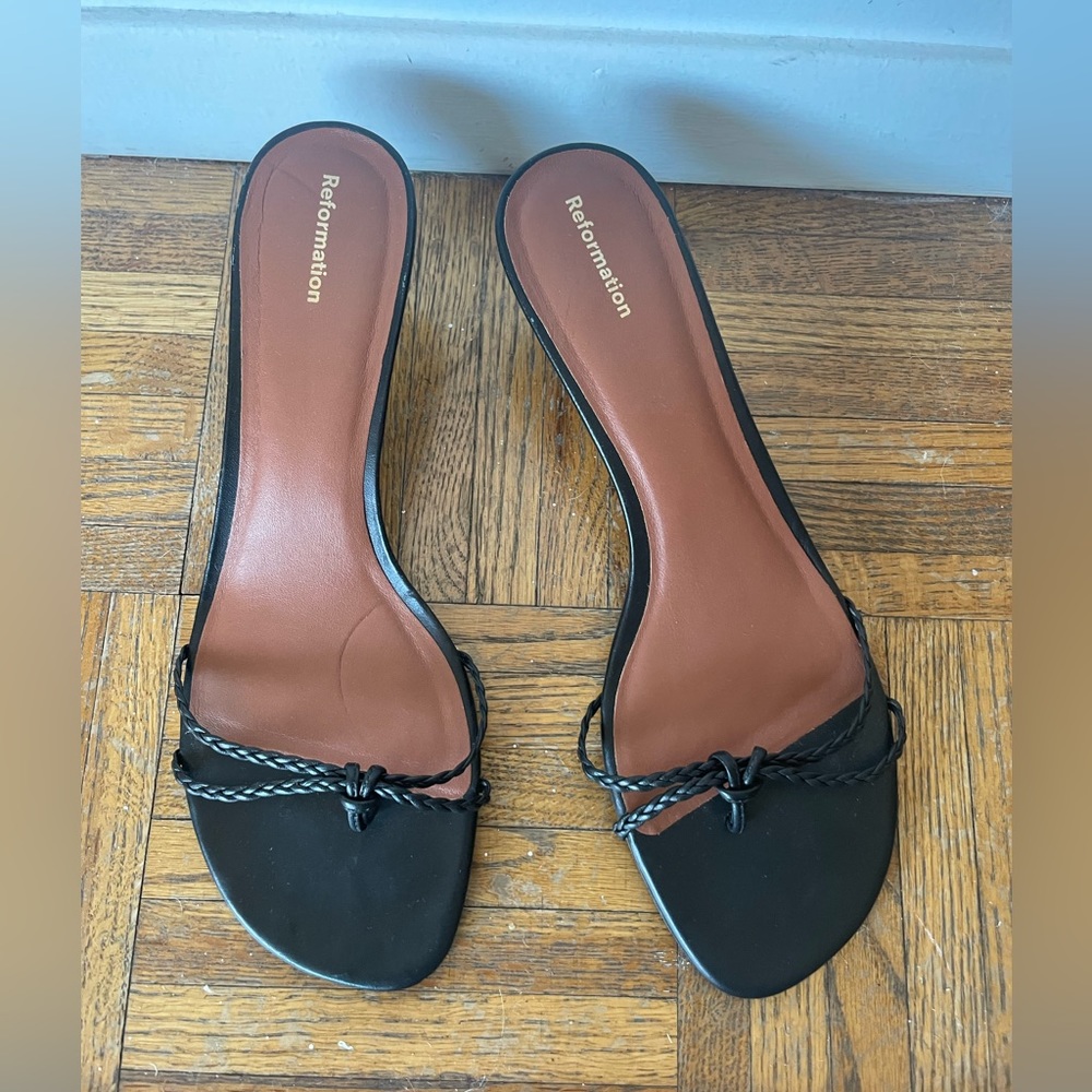Reformation Black Leather Braided Kitten Heel Sandal